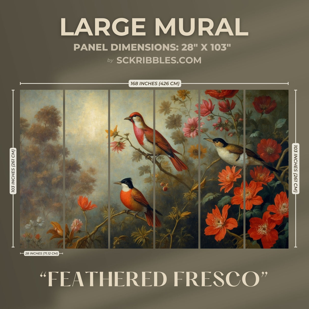 Floral Scenery Landscape w/ Birds Wallpaper Mural {Feathered Fresco} Wallpaper Mural Sckribbles