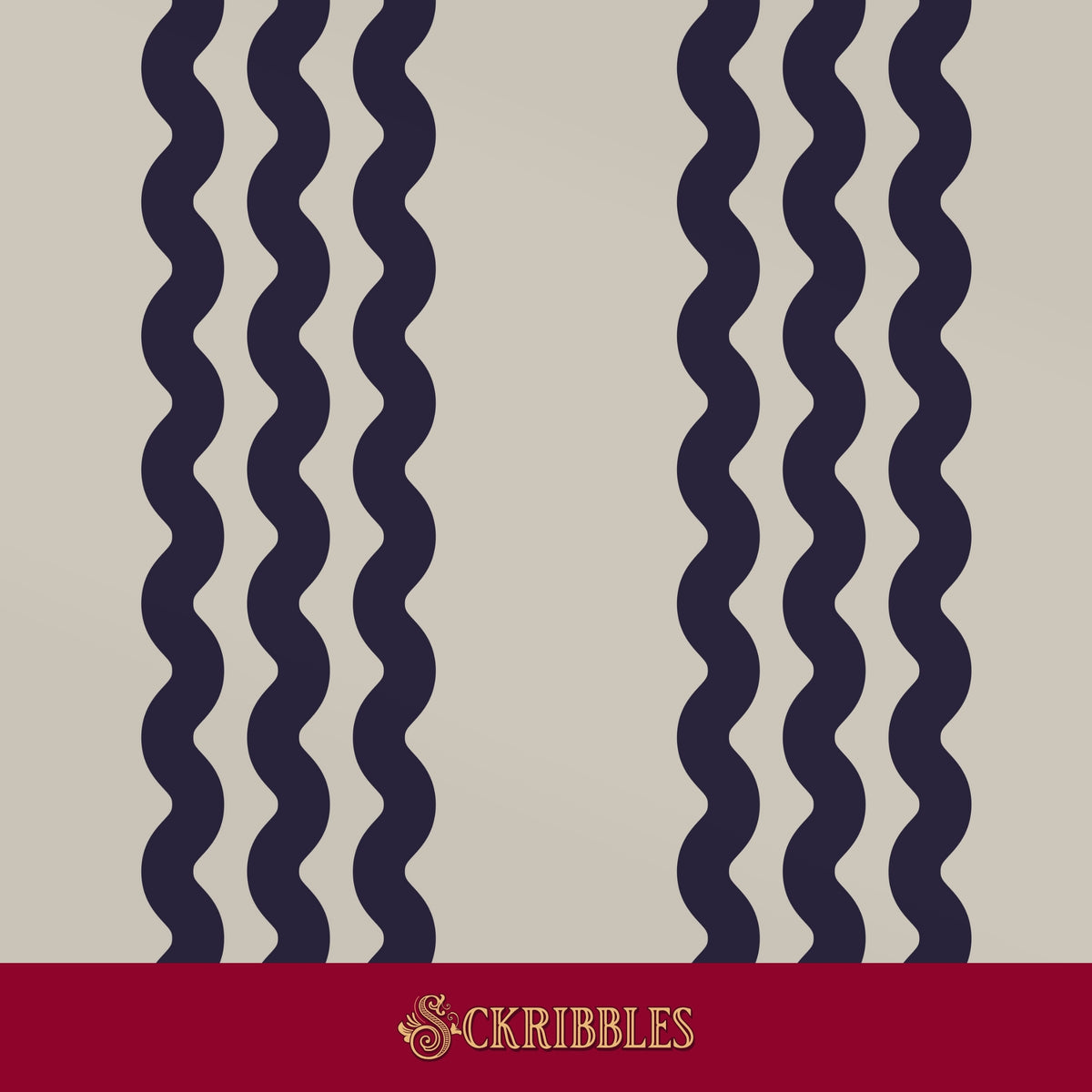 Minimalist beige and blue wavy striped wallpaper.