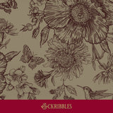 Moody beige brown wallpaper with flowers and birds.