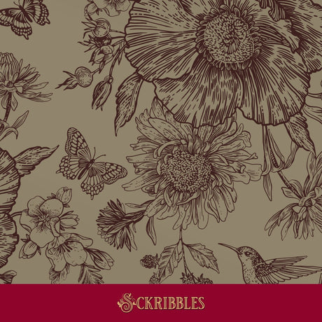 Moody beige brown wallpaper with flowers and birds.