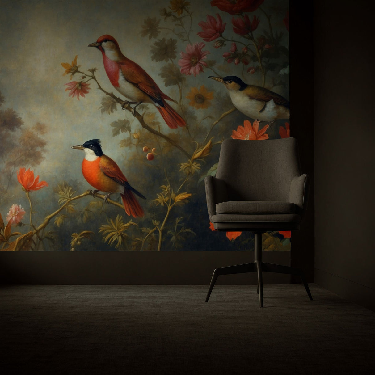 Floral Scenery Landscape w/ Birds Wallpaper Mural {Feathered Fresco} Wallpaper Sckribbles   