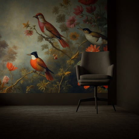 Floral Scenery Landscape w/ Birds Wallpaper Mural {Feathered Fresco} Wallpaper Mural Sckribbles