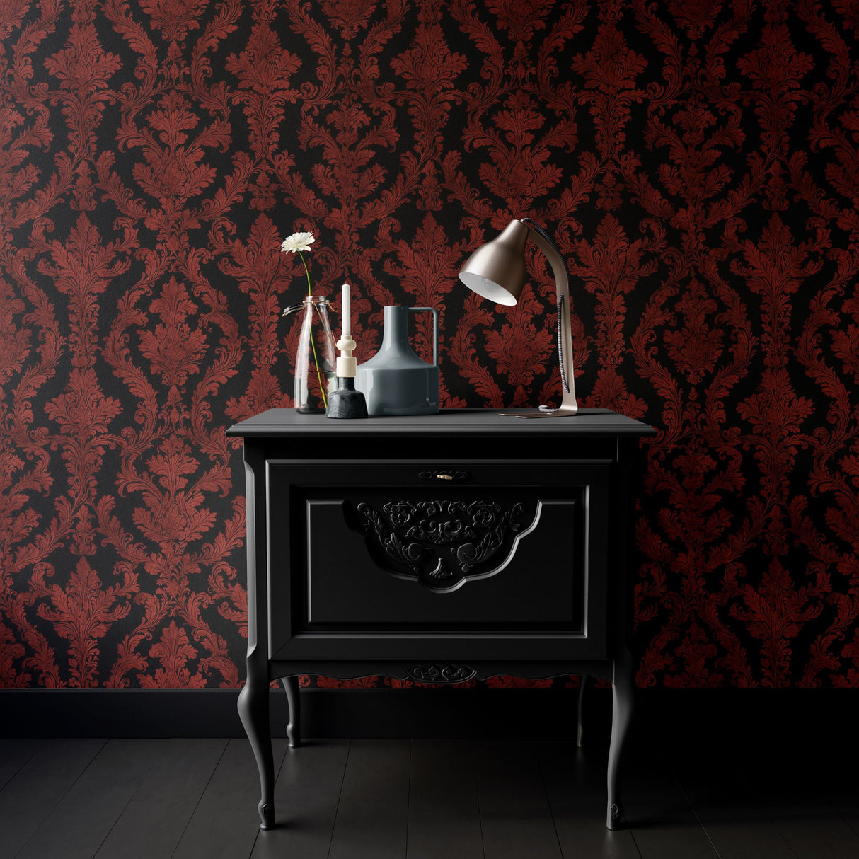 Moody Red and Black Damask Wallpaper {Crimson Noir} Wallpaper Sckribbles   