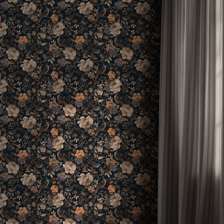 Dark Floral Moody Bird Wallpaper {Nocturne Bloom} Wallpaper Sckribbles