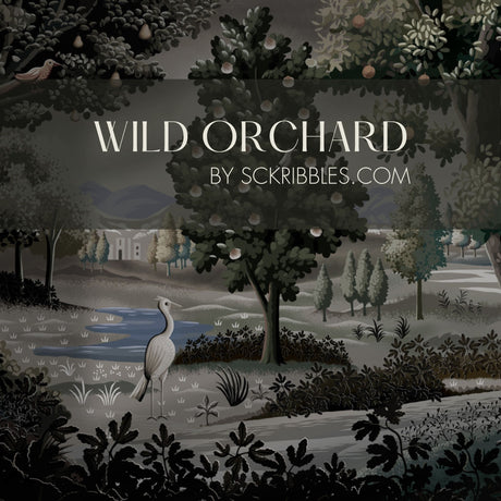 Moody Scenic Fruit Trees Landscape Wallpaper Mural {Wild Orchard} Wallpaper Mural Sckribbles