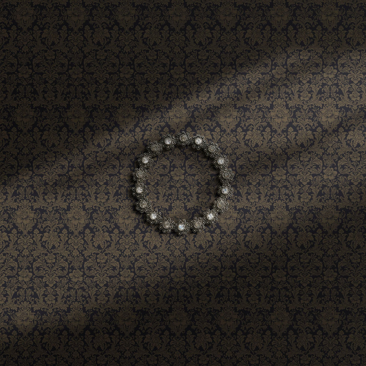 Moody dark damask wallpaper on a gray/blue background.