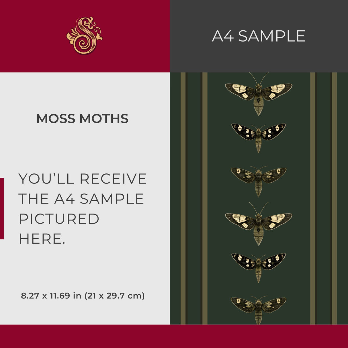 Moss Moths | Dark Khaki Green Striped Insect Wallpaper Wallpaper Sckribbles Signature - Premium Non-Woven A4 Sample - 8.3 × 11.7 in (21 × 29.7 cm)