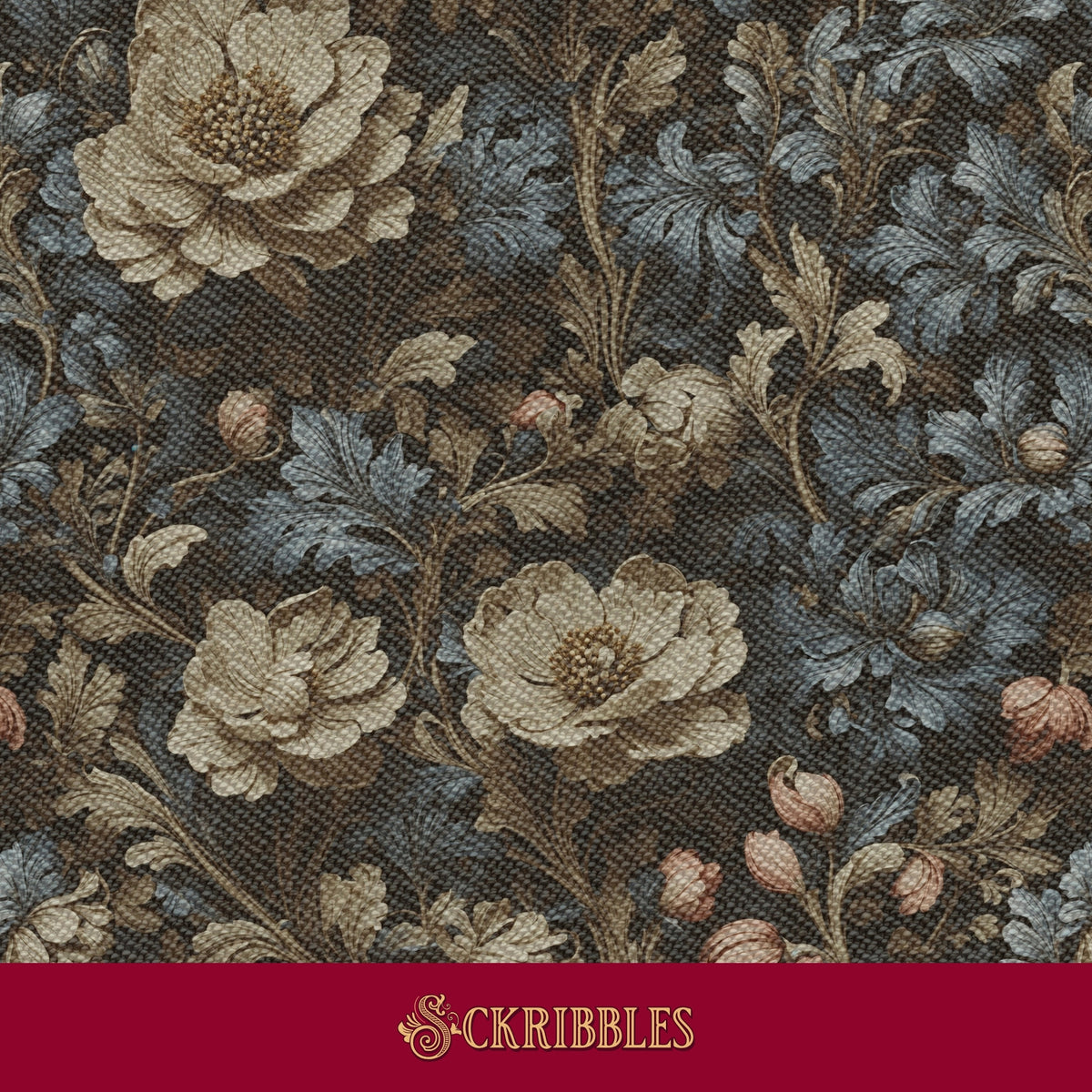 A muted cream and blue vintage floral wallpaper.