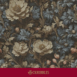 A muted cream and blue vintage floral wallpaper.