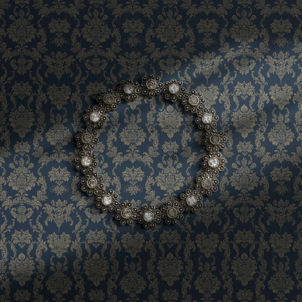 Navy blue damask wallpaper.