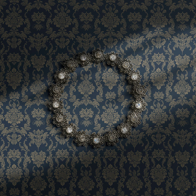 Navy blue damask wallpaper.