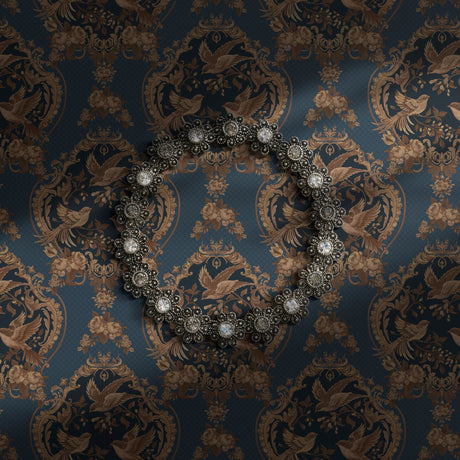 Navy blue vintage wallpaper with birds, berries, and florals.