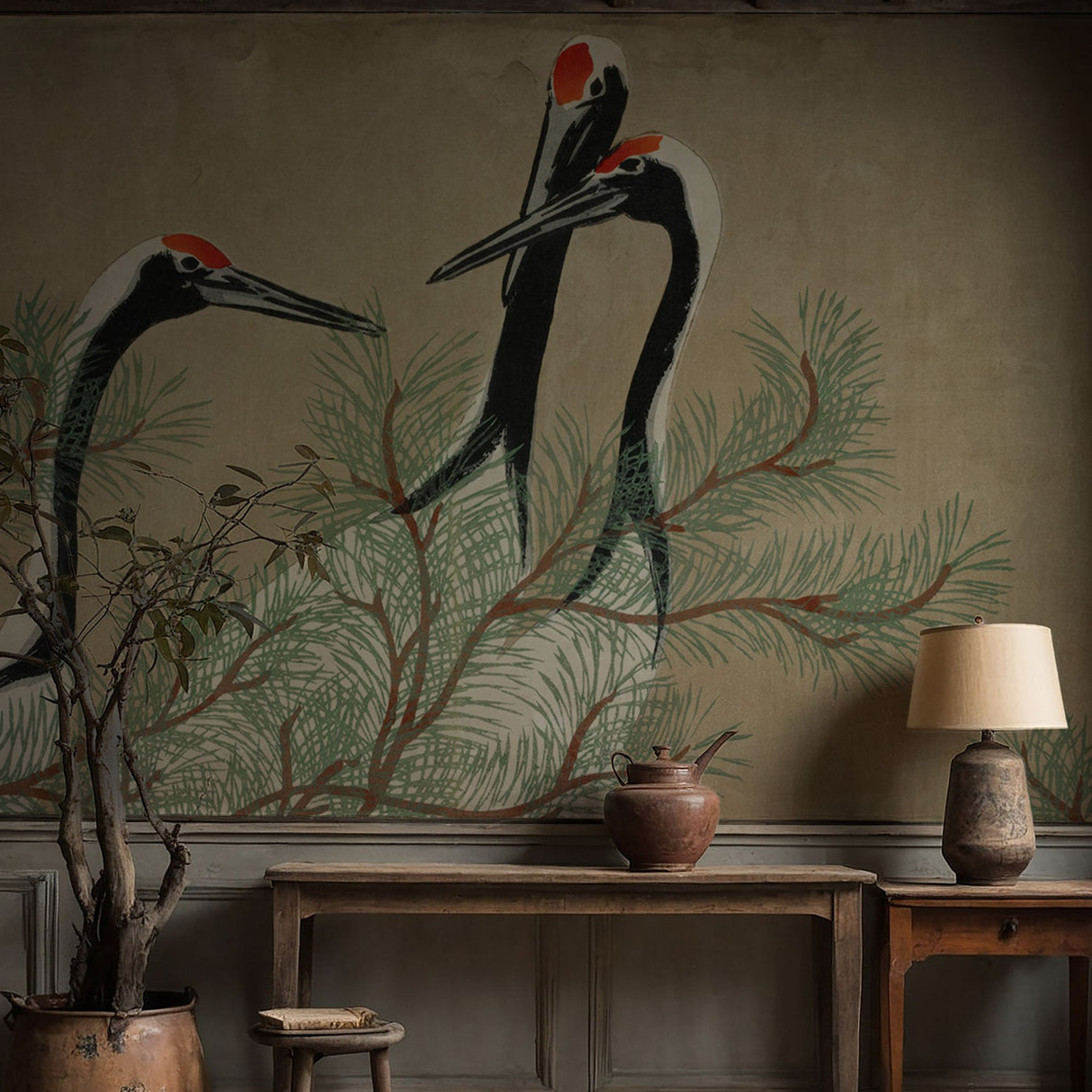 Vintage Traditional Japanese Crane Wallpaper Mural {Tsuru from Momoyogusa} Wallpaper Mural Sckribbles