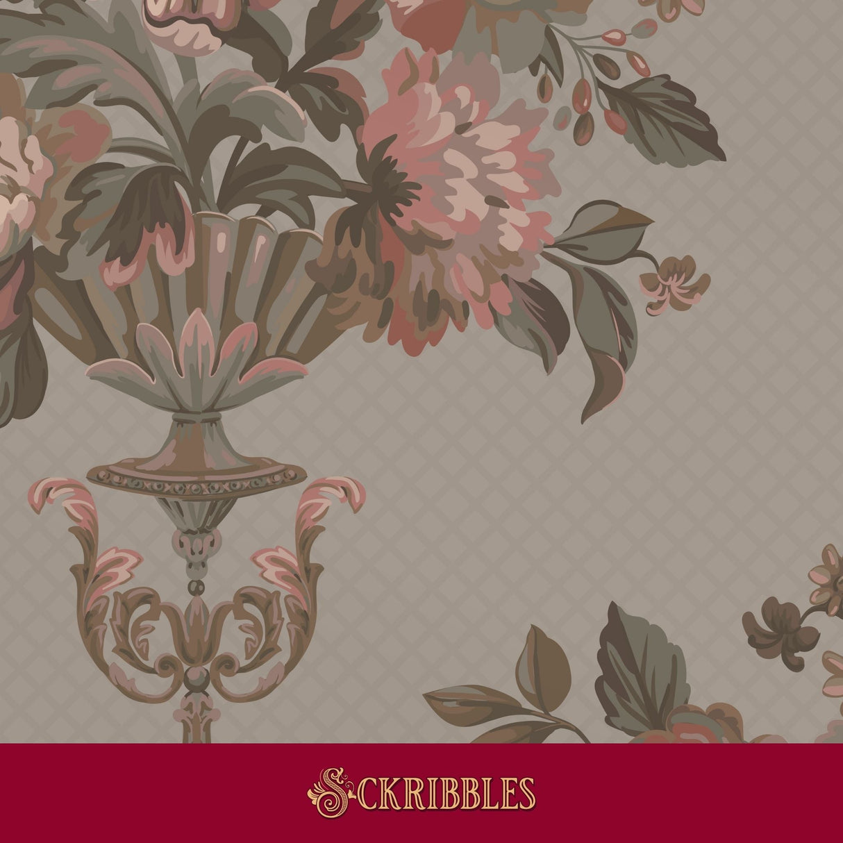 Neutral-toned vintage floral wallpaper with an antique look.