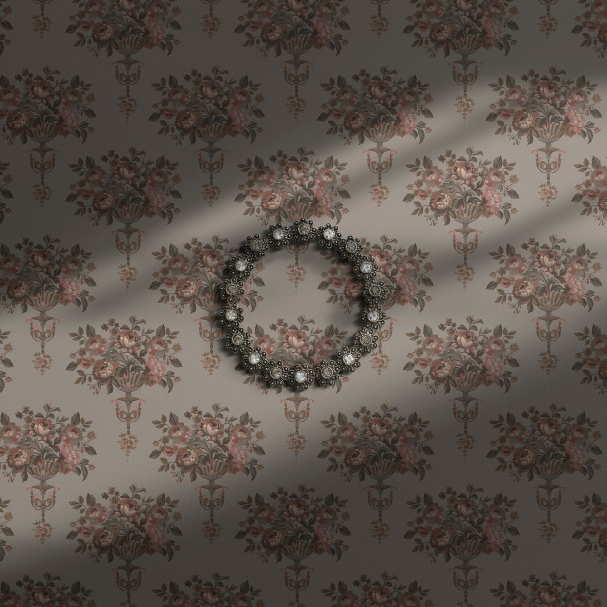 Neutral vintage floral wallpaper.