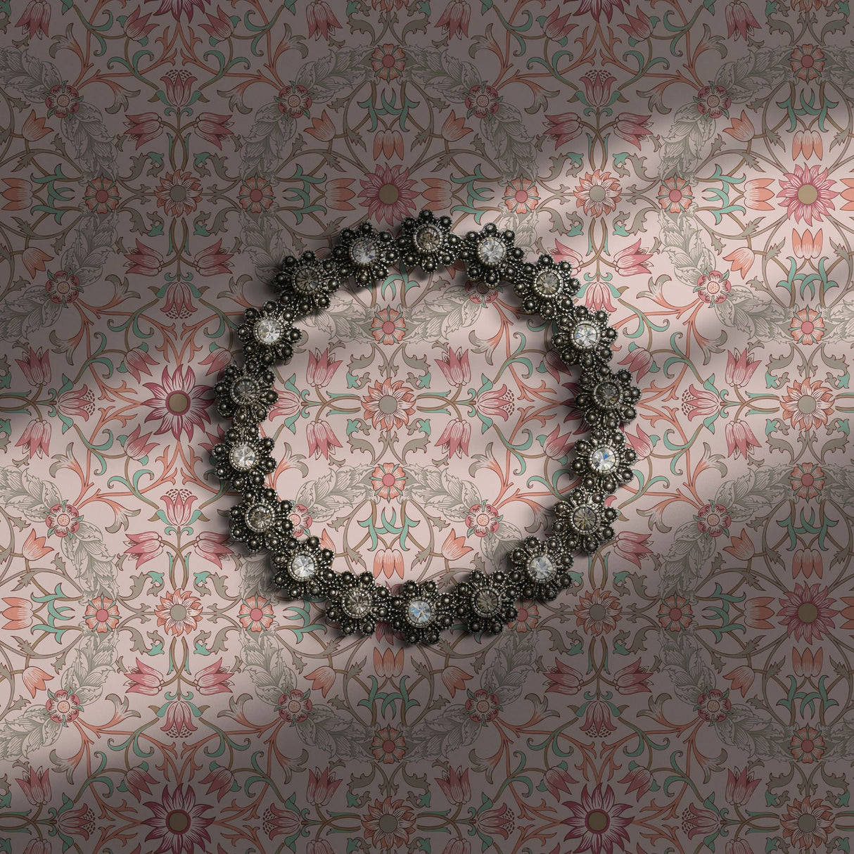 Peach and green William Morris Ceiling wallpaper.