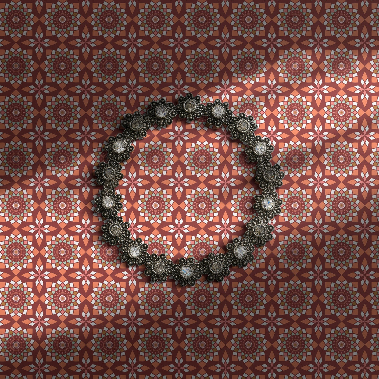 Peach and maroon tiled wallpaper.