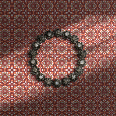 Peach and maroon tiled wallpaper.