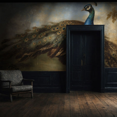 Scenic Peacock Vintage Landscape Wallpaper Mural {Grand Plumage} Wallpaper Mural Sckribbles