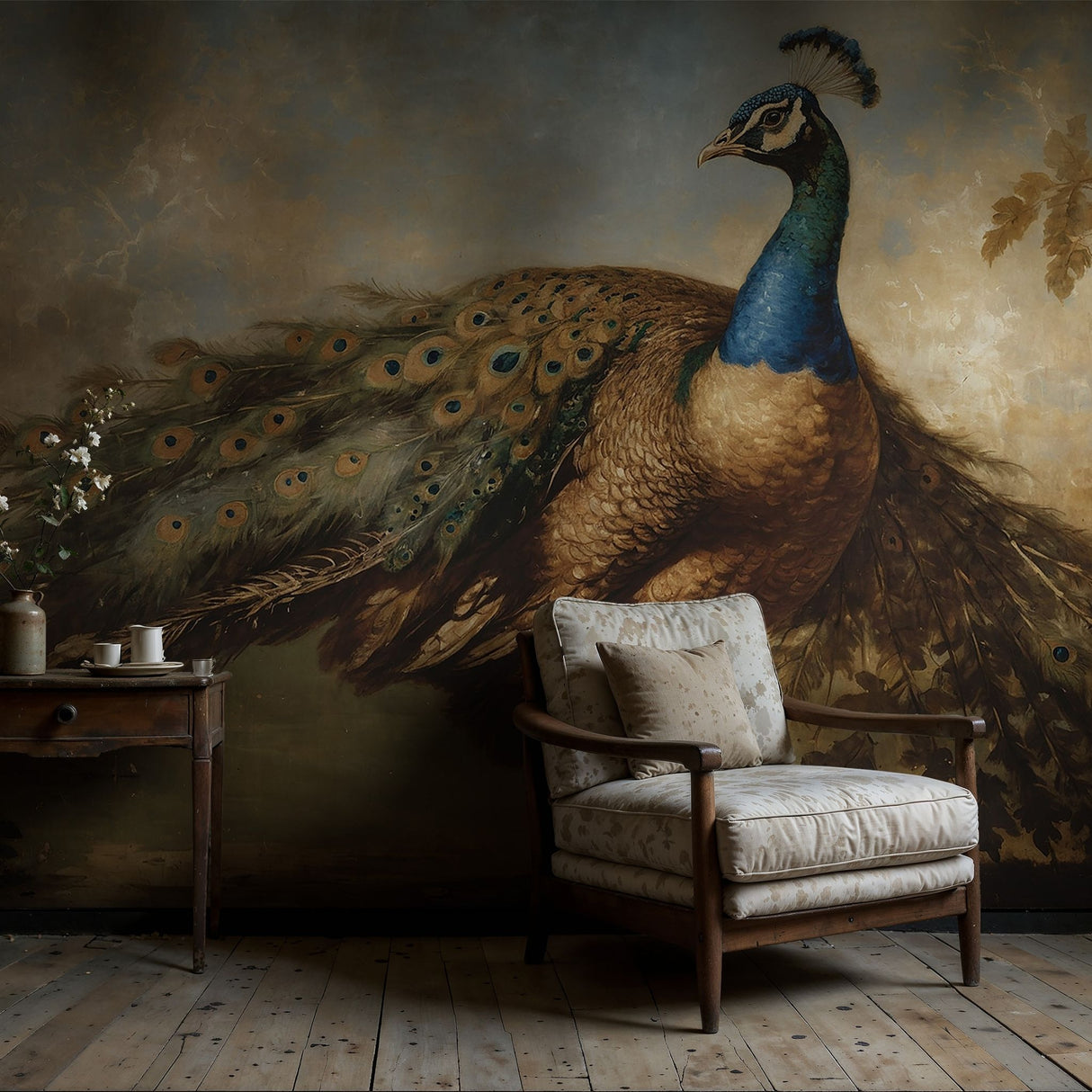 Scenic Peacock Vintage Landscape Wallpaper Mural {Grand Plumage} Wallpaper Sckribbles   