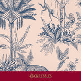 A blue vintage-style botanical and animal wallpaper on a pink background, featuring palm trees, monkeys, a leopard, a parrot, and flowers. 