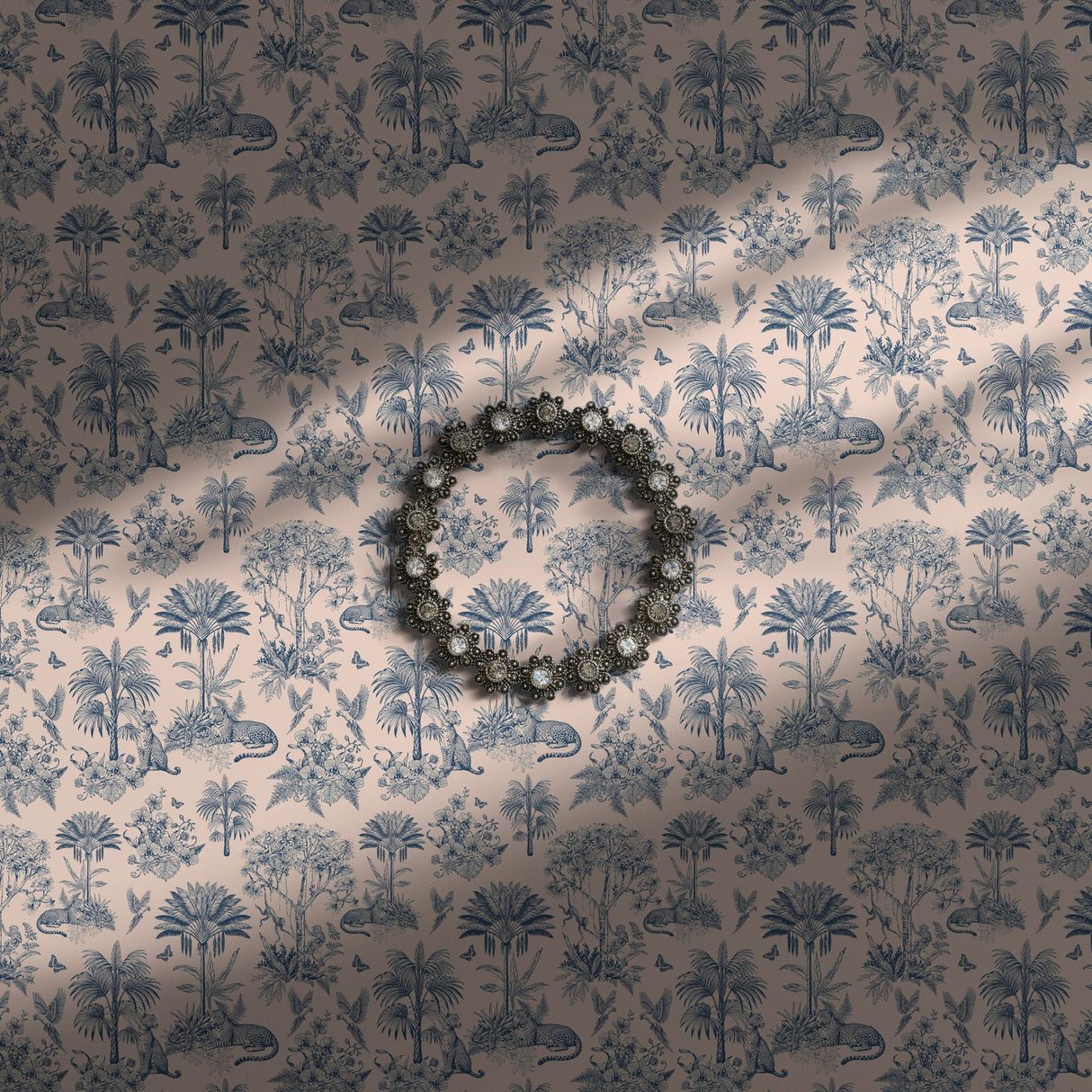 Pink and blue tropical palm tree with jungle animals wallpaper.