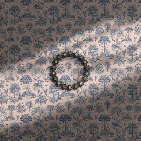 Pink and blue tropical palm tree with jungle animals wallpaper.