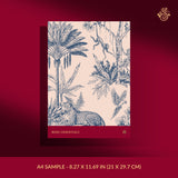 A4 wallpaper sample featuring a blue toile de Jouy pattern with palm trees, a leopard, and birds on a light pink background.