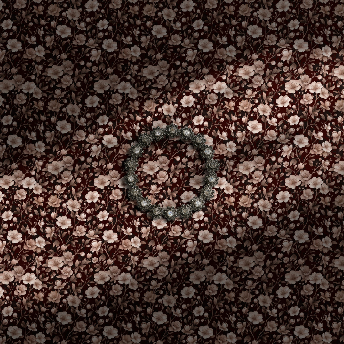 Pink cherry blossom wallpaper on a dark red background.