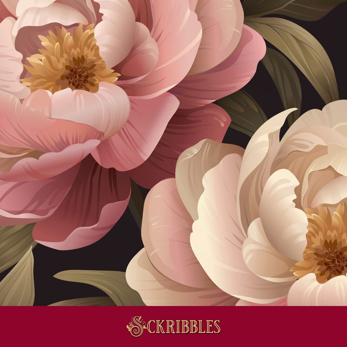 Pink floral wallpaper on a dark background.