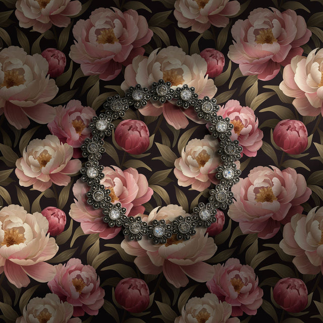 Pink large-scale floral wallpaper.