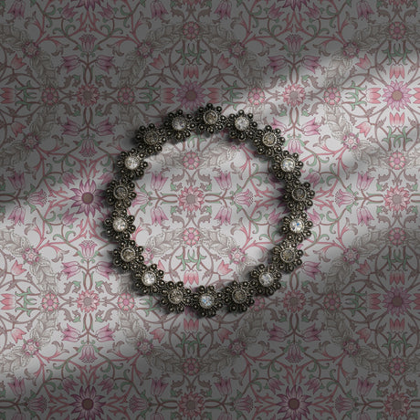 Pink and grey William Morris Ceiling wallpaper in geometrical florals.