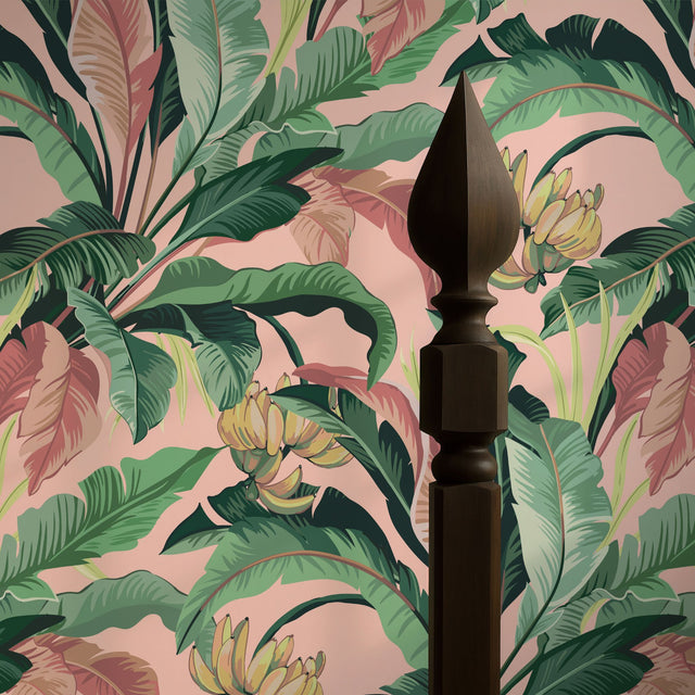 Tropical Delight | Pink and Green Banana Leaves Jungle Wallpaper Wallpaper Sckribbles