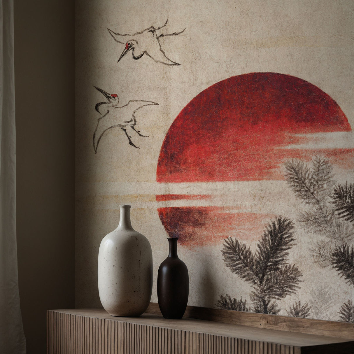 Vintage Red, Black, and Beige Japanese Wallpaper Mural {Birds & Sunset} Wallpaper Mural Sckribbles