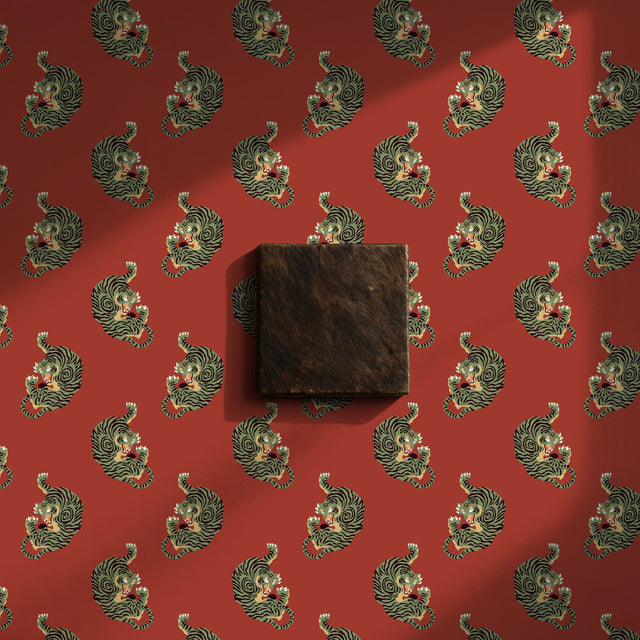 Wild Blaze | Bright Red & Green Maximalist Tiger Wallpaper Wallpaper Sckribbles