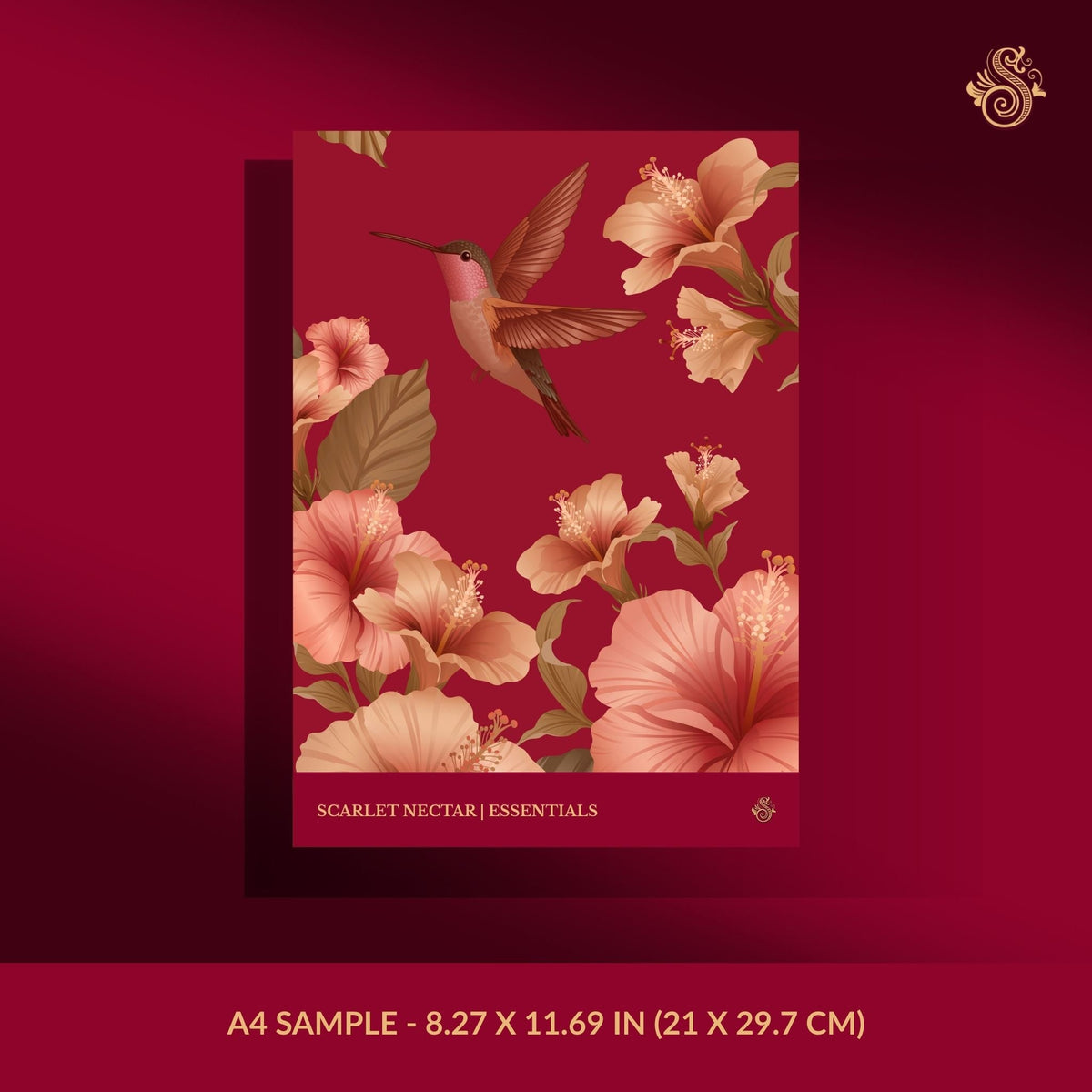 Red tropical floral wallpaper sample with birds.