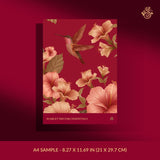 Red tropical floral wallpaper sample with birds.