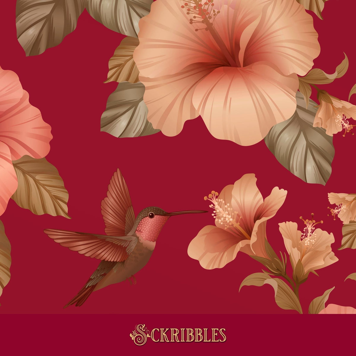 Red tropical wallpaper with hibiscus flowers and birds.