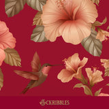 Red tropical wallpaper with hibiscus flowers and birds.