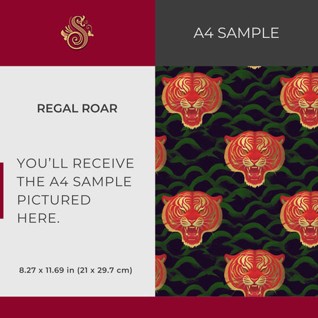 Regal Roar | Bright Colorful Asian Tiger Maximalist Wallpaper Wallpaper Sckribbles Signature - Premium Non-Woven A4 Sample - 8.3 × 11.7 in (21 × 29.7 cm)