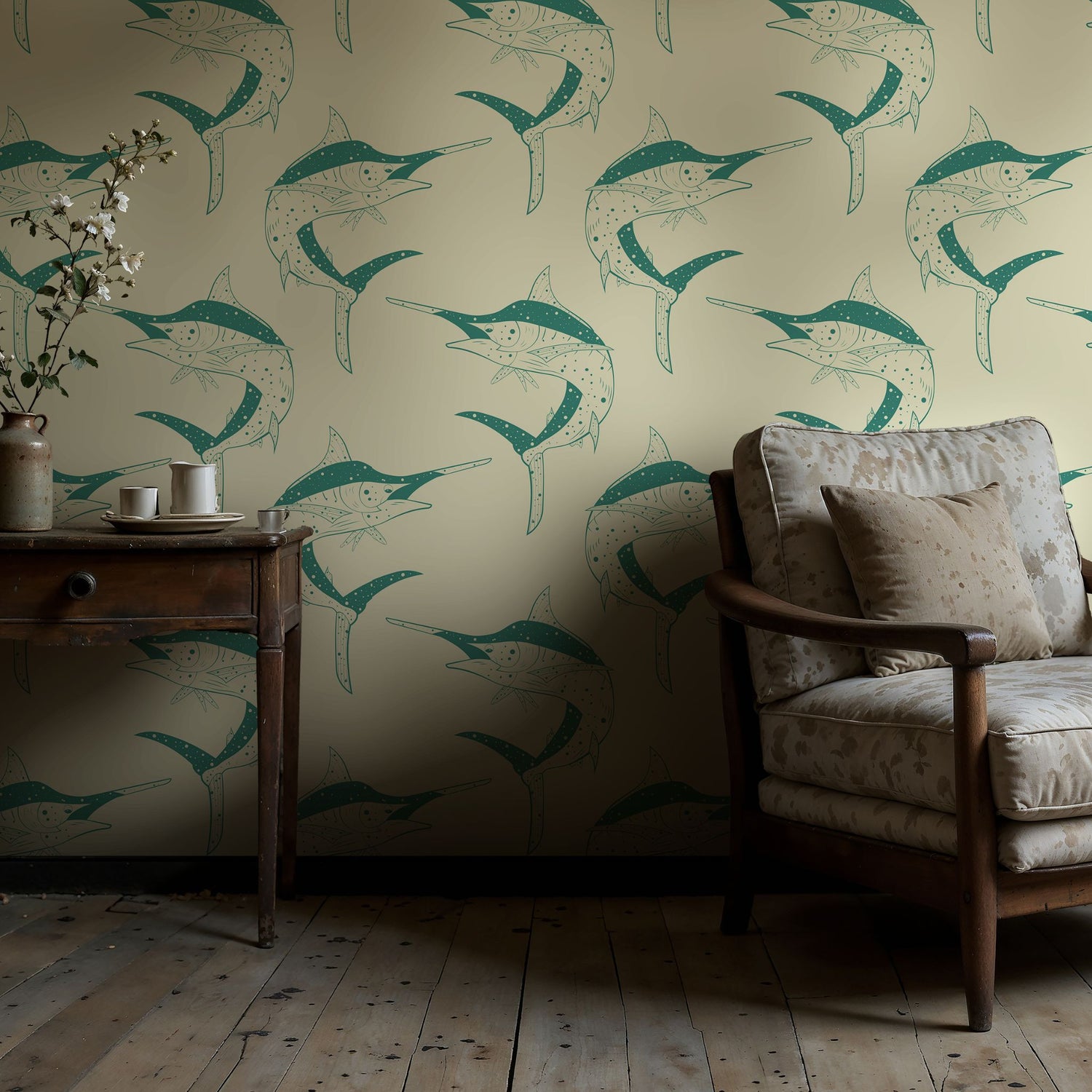 Sword & Sea | Fun Green & Cream Retro Vintage Swordfish Wallpaper Wallpaper Sckribbles