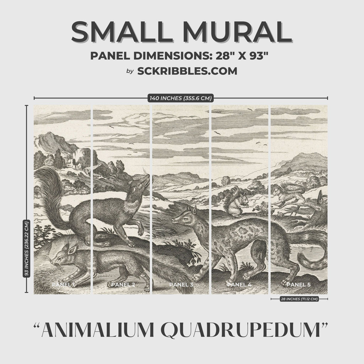 Black & White Vintage Animal Wallpaper Mural {Animalium Quadrupedum} Wallpaper Mural Sckribbles