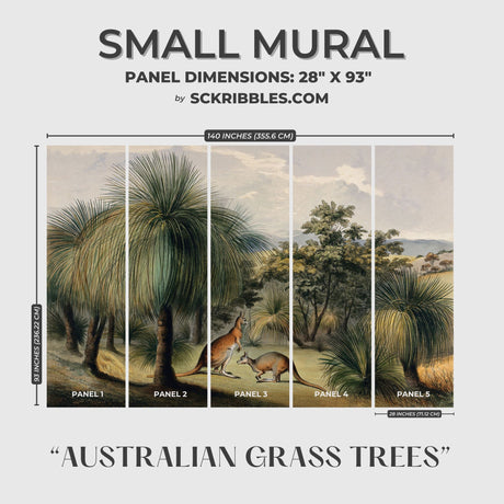 Vintage Scenic Kangaroos Landscape Wallpaper Mural {Australian Grass Trees} Wallpaper Mural Sckribbles Peel & Stick - (Budget) Small Room Mural - Full Set of Sheets (x5 Panels)