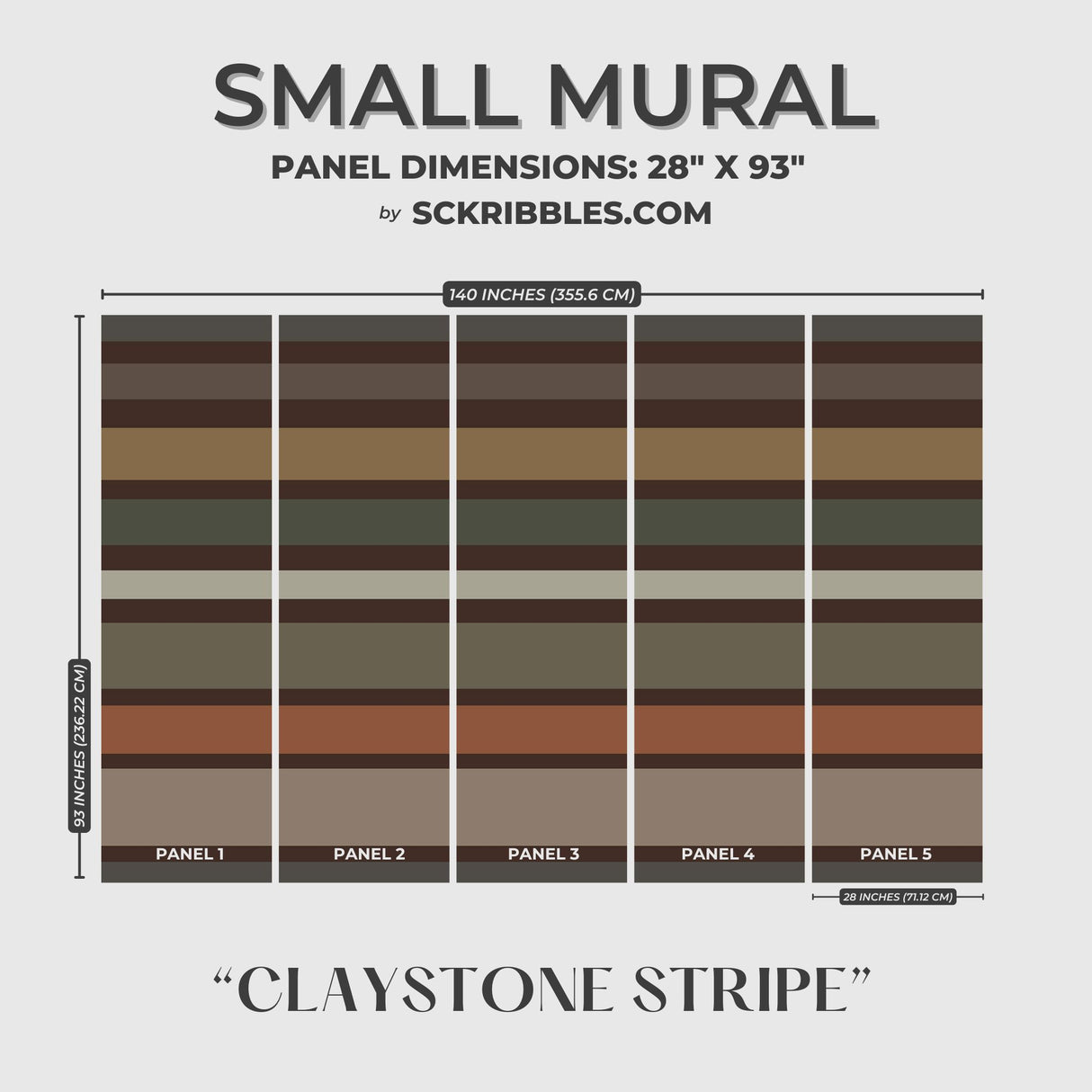 Dramatic Neutral Horizontal Striped Wallpaper Mural {Claystone Stripe} Wallpaper Mural Sckribbles Peel & Stick - (Budget) Small Room Mural - Full Set of Sheets (x5 Panels)