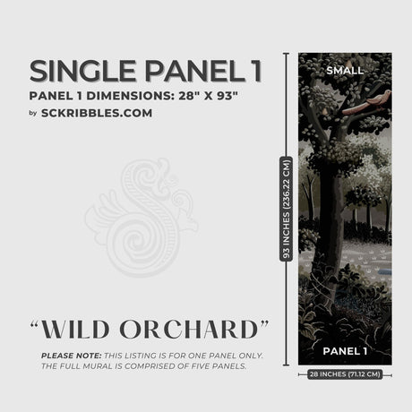 Moody Scenic Fruit Trees Landscape Wallpaper Mural {Wild Orchard} Wallpaper Mural Sckribbles Peel & Stick - (Budget) x1 Sheet for Small Room (Panel 1) - 28" W x 93" H / 71 cm x 236 cm
