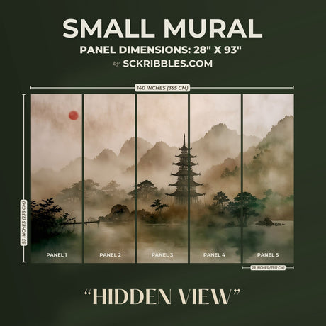 Asian Watercolor Landscape Scenic Wallpaper Mural {Hidden View} Wallpaper Mural Sckribbles Peel & Stick - (Budget) Small Room Mural - Full Set of Sheets (x5 Panels)