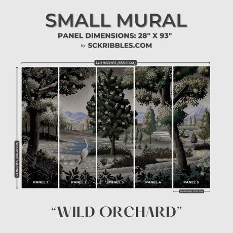 Moody Scenic Fruit Trees Landscape Wallpaper Mural {Wild Orchard} Wallpaper Mural Sckribbles Peel & Stick - (Budget) Small Room Mural - Full Set of Sheets (x5 Panels)