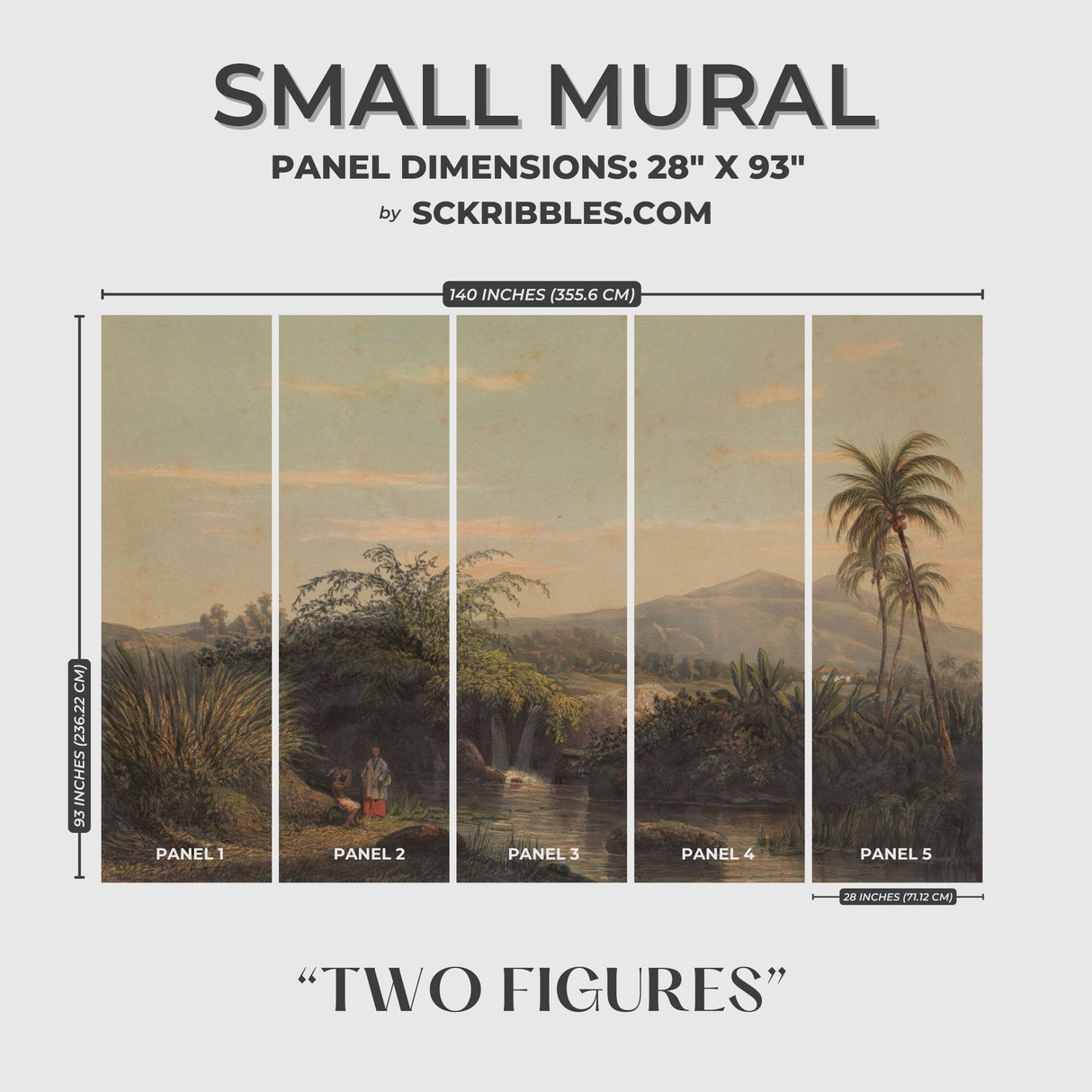 Vintage Scenic Coconut Trees Landscape Wallpaper Mural {Two Figures} Wallpaper Mural Sckribbles Peel & Stick - (Budget) Small Room Mural - Full Set of Sheets (x5 Panels)