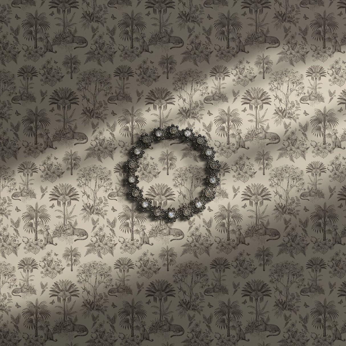 Tan and brown tropical jungle wallpaper with birds, leopards, and flowers.