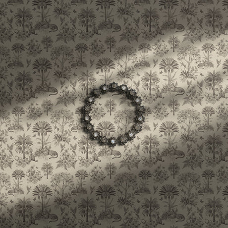 Tan and brown tropical jungle wallpaper with birds, leopards, and flowers.